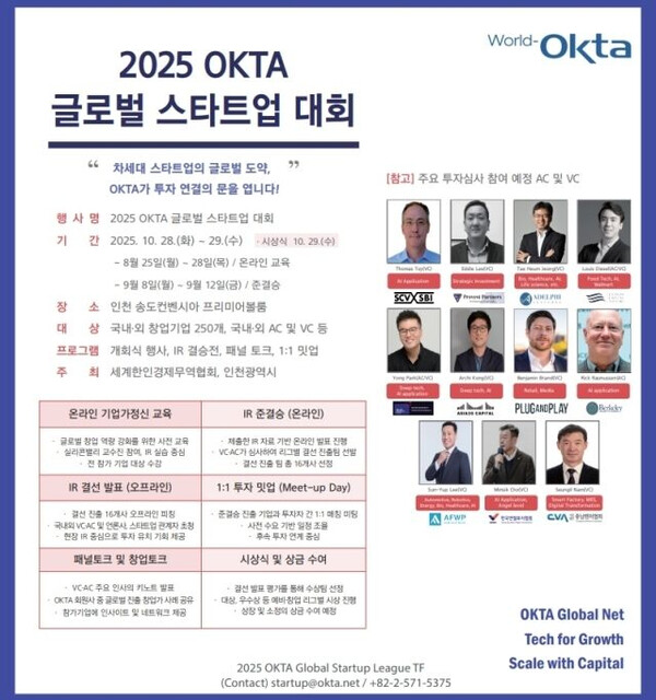 The poster for the 2025 OKTA Global Startup Competition to be held by the World Federation of Overseas Korean Traders Associations (World-OKTA) and Incheon Metropolitan City from Oct. 28-29 at Songdo Convensia, Incheon. (Photo courtesy of World Federation of Overseas Korean Traders Associations)
