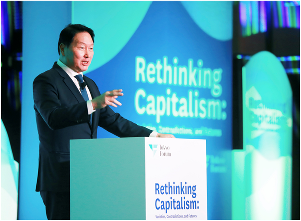 SK Group Chairman Chey Tae-won gives an opening address at the Tokyo Forum 2025 held at the Yasuda Auditorium of the University of Tokyo in Japan on Nov. 21. (Photo courtesy of SK Group)