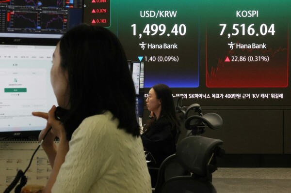 On the afternoon of May 18, the won-dollar exchange rate and KOSPI figures were displayed on an electronic board at Kookmin Bank in Jung-gu, Seoul.